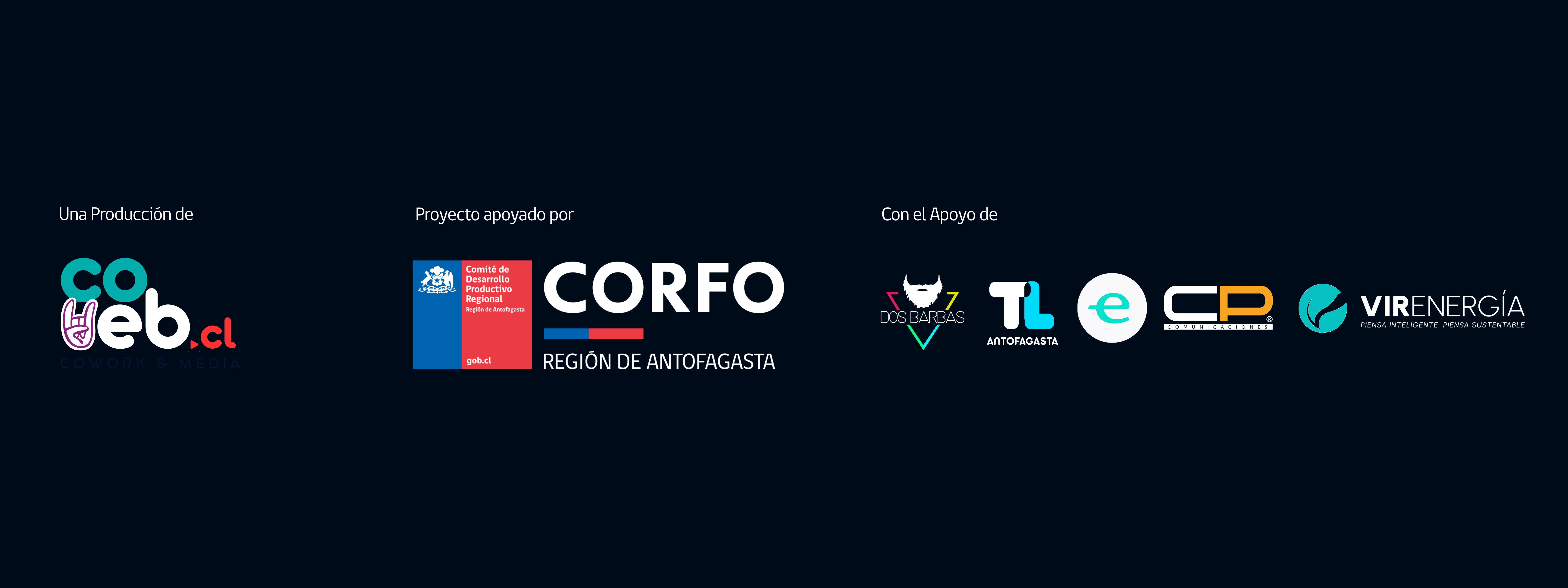 Logos de COWEB, CORFO, Gobierno Regional de Antofagasta, Dos Barbas, TL Antofagasta, Eterea, CP Comunicaciones y VIR Energía